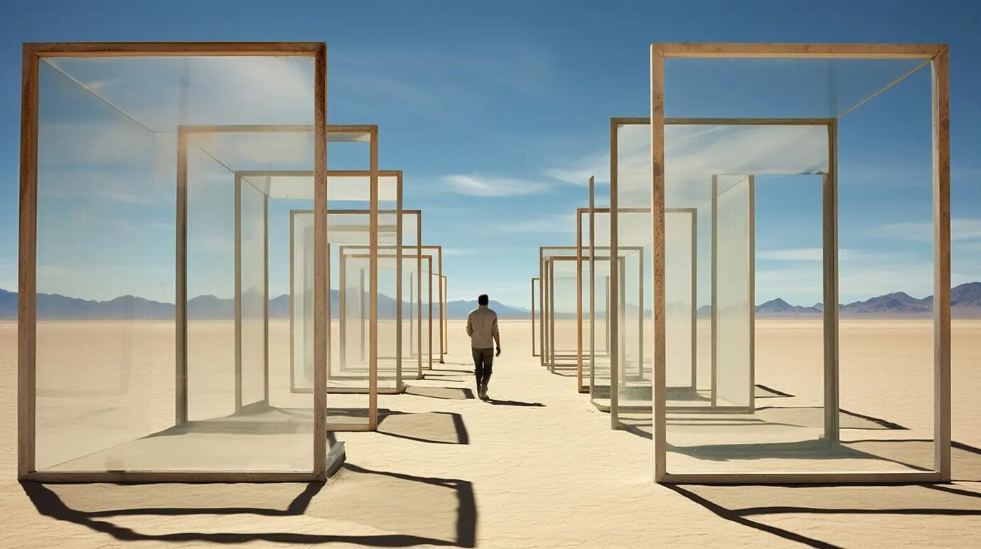 Сюрреалистические геометрические фигуры в безжизненной пустыне.